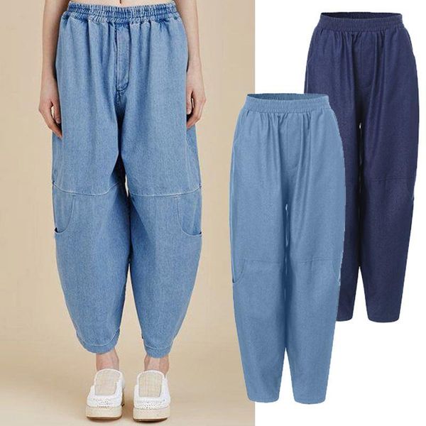

women's pants & capris stylish denim blue trousers casual 2022 fashion elastic waist long pantalon female palazzo oversized turnip, Black;white