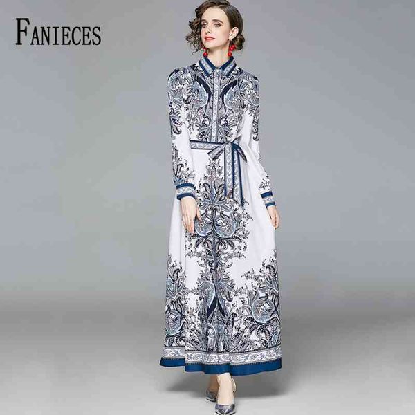 Düşük Fiyat Toptan Bahar Sonbahar Pist Maxi Elbiseler kadın Uzun Kollu Baskı Kadın Düğmeler Yukarı Sashes 210520