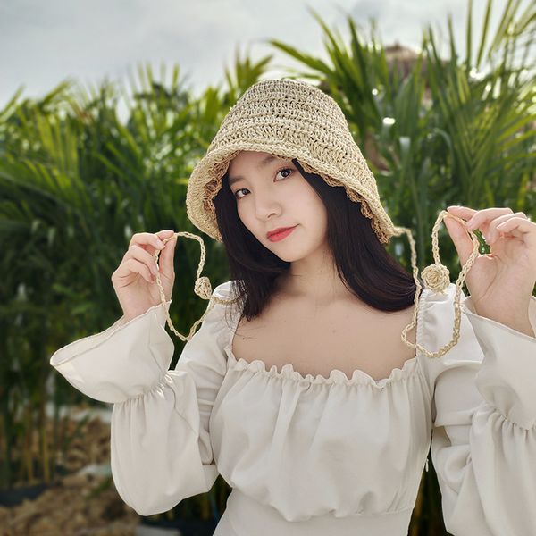 

2021 new beach hat lovely lolita lace up straw hat in seaside holiday p little fresh sun hat, Blue;gray