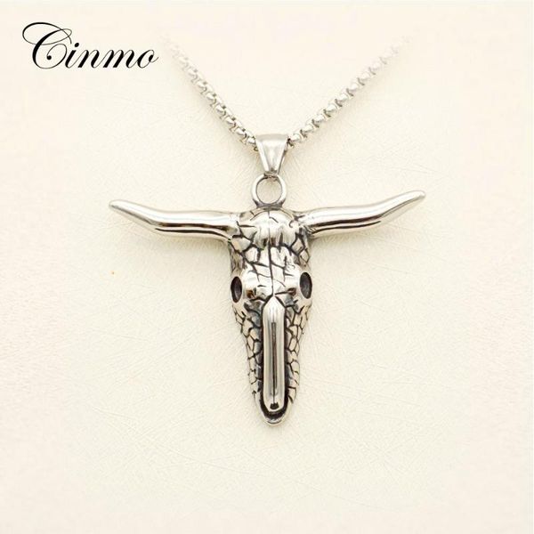 

pendant necklaces cinmo vintage cow skull necklace halloween horror hip hop stainless steel for men women trendy jewelry gift, Silver