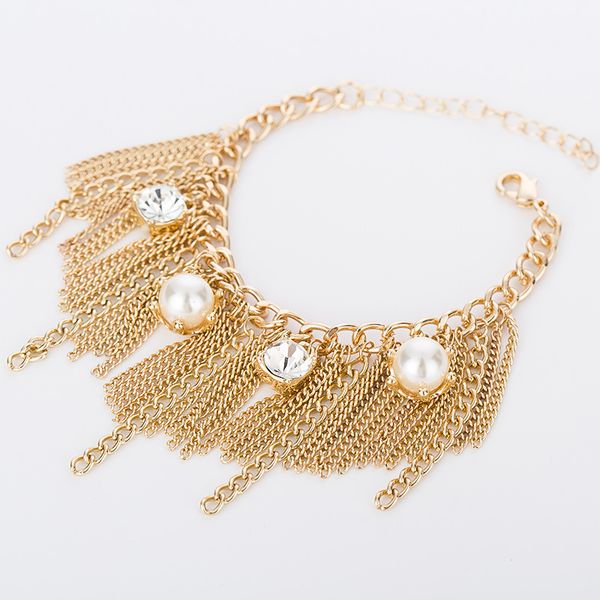 

european lady exaggerates pearl crystal tassel bracelet, Golden;silver