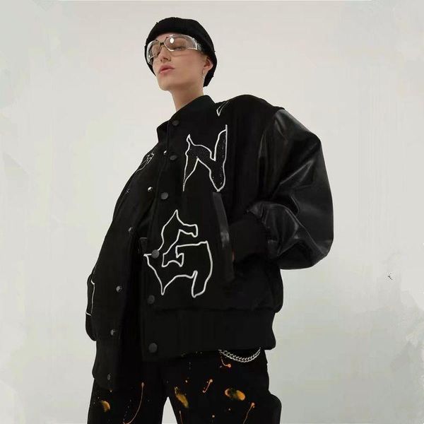 

men's jackets streetwear men women spring embroidery fix rhinestone loose coat couples hip-hop trend stitching baseball uniform, Black;brown