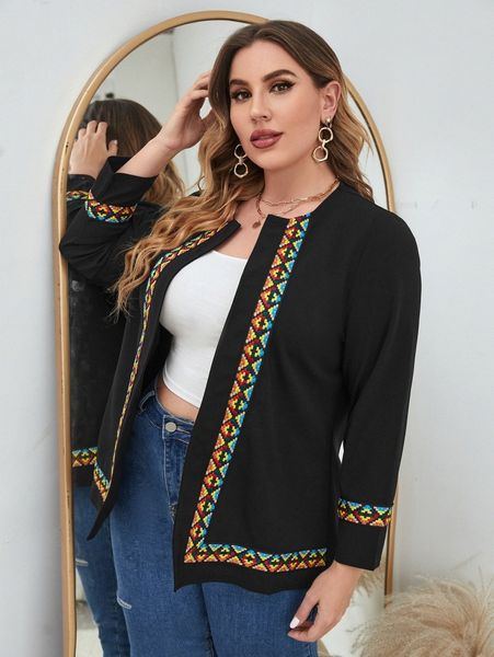 

plus contrast geo embroidery tape open front coat y1je#, Black
