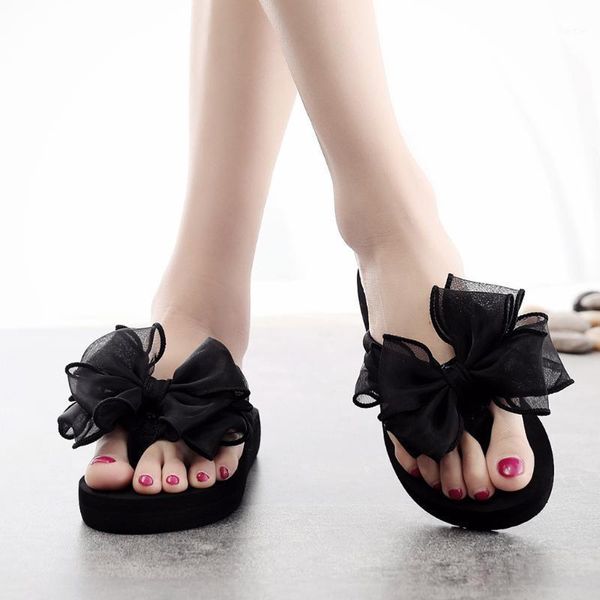 

summer fashion women's bow wedges flip flops non-slip clip toe beach slippers casual outdoor women shoes1, Black
