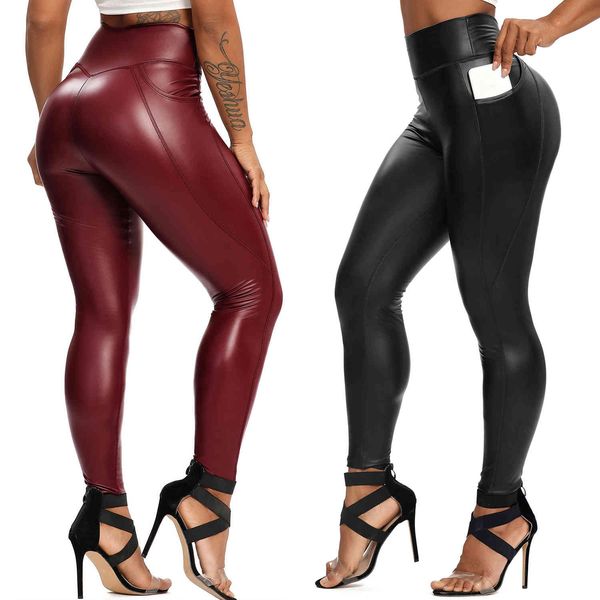 

pu leather leggings with pocket women's faux thin yoga pants night club leggins high waist curvy gym elastic fitness
