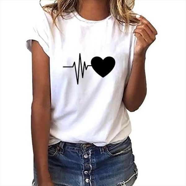 

plus size fashion vintage womens shirts clothes loose short sleeved heart print shirt casual o neck vetement femme, White