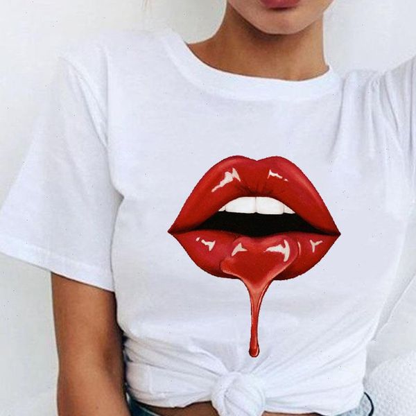 

summer harajuku red lips graphic women cartoon grunge fashion white ullzang tee femme