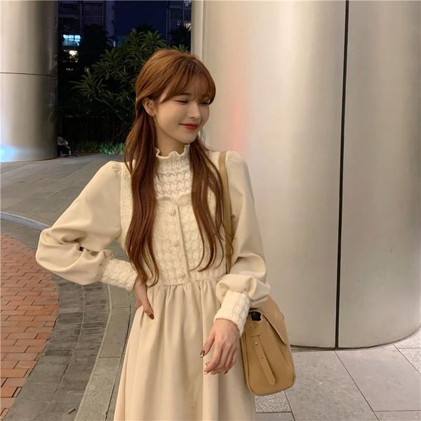 

casual dresses women dress autumn winter plus size korean patchwork high waist long sleeve temperament robe black apricot 4xl vestido de muj, Black;gray