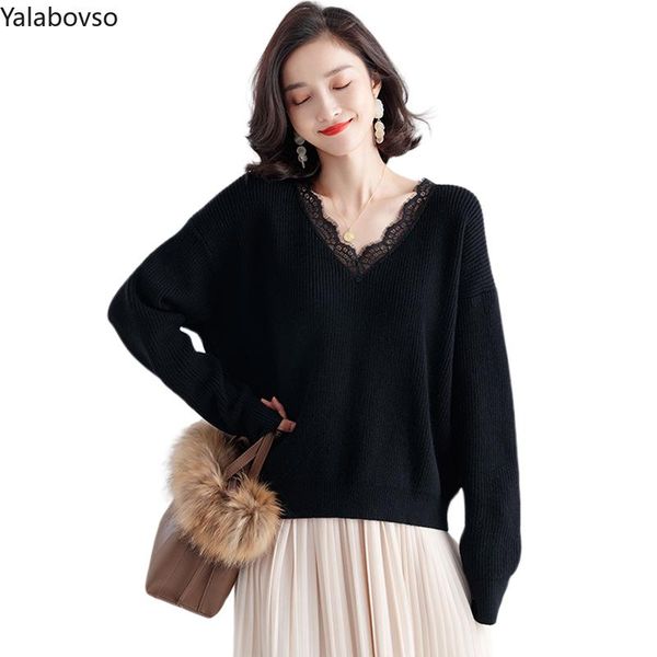 

women's sweaters lazy wind lace stitching v-neck loose sweater 2021 outside wearing knitted for women pullovers casual z3, White;black