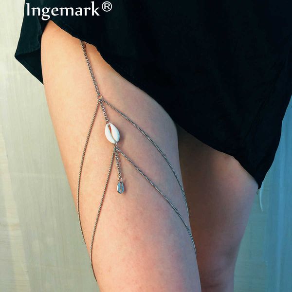 

ingemark bohemia beach leg chains sea shell pendant crossover harness waist belt chain bikini thigh leg chain body jewelry party p0811, Silver