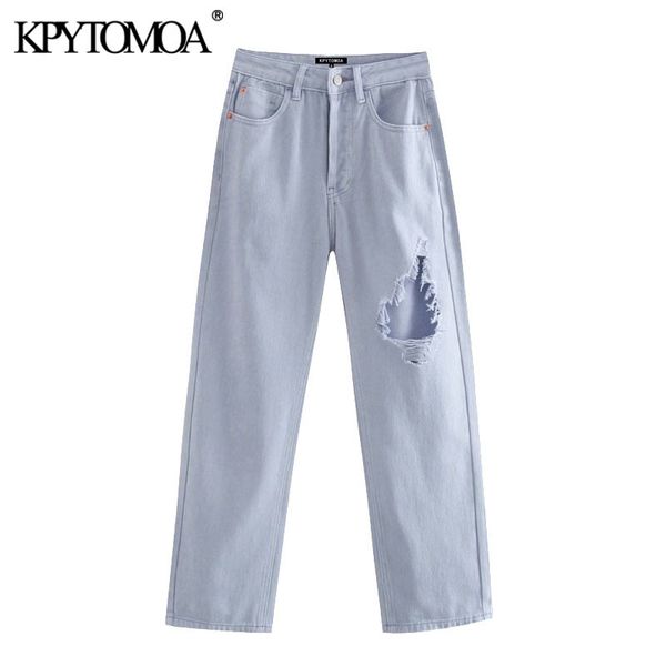 

women chic fashion ripped hole straight jeans vintage high waist zipper fly female denim ankle trousers mujer 210416, Blue
