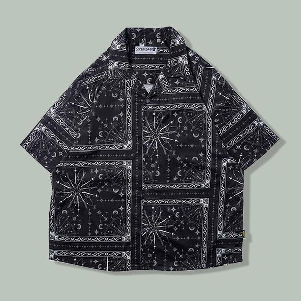 

men's casual shirts hip hop cashew shirt men japanese harajuku streetwear short sleeved loose summer couple oversize hawaiian, White;black