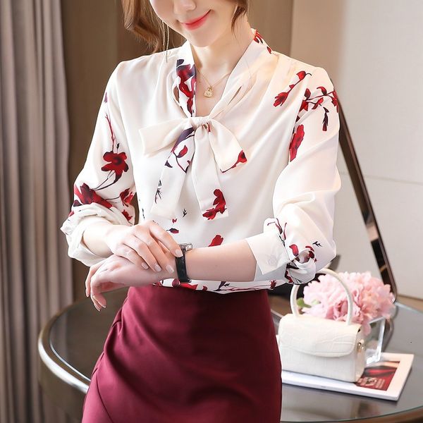 

women's blouses & shirts female blouse autumn bowknot fashion printed chiffon women's blouses mujer fashionable summers 4dge, White
