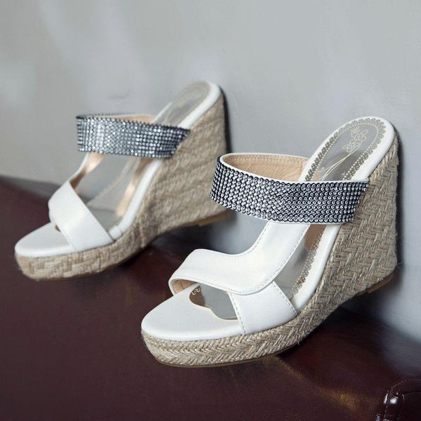 

sandals women platform wedges summer casual party slippers female fashion rhinestone decor open toe large size 34-44, Black