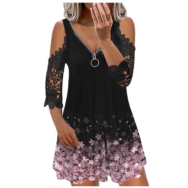 

casual dresses women flower print vintage plus size dress summer zipper v-neck beach sling off shoulder lace party #t1g, Black;gray