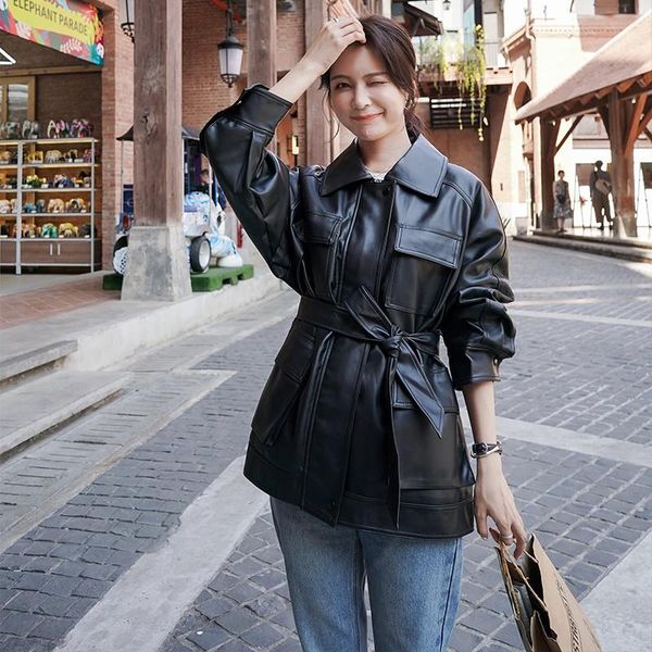 

women's leather & faux zcwxm autumn women loose pu soft jacket streetwear female black biker pockets turn down collar coat outwear