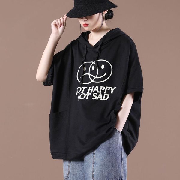 

summer t-shirt women large size loose pullovers hooded short sleeve print all-match women's, White