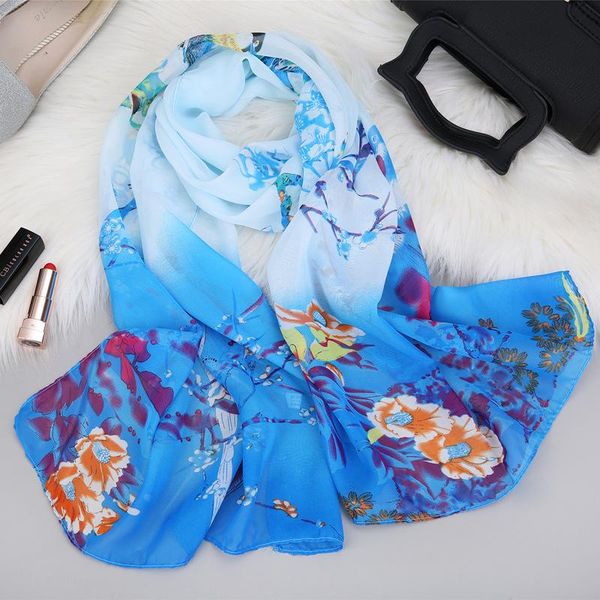 

scarves chiffon flower birds print fashion women long soft wrap shawl beach style vintage multicolor quality scarf lady, Blue;gray
