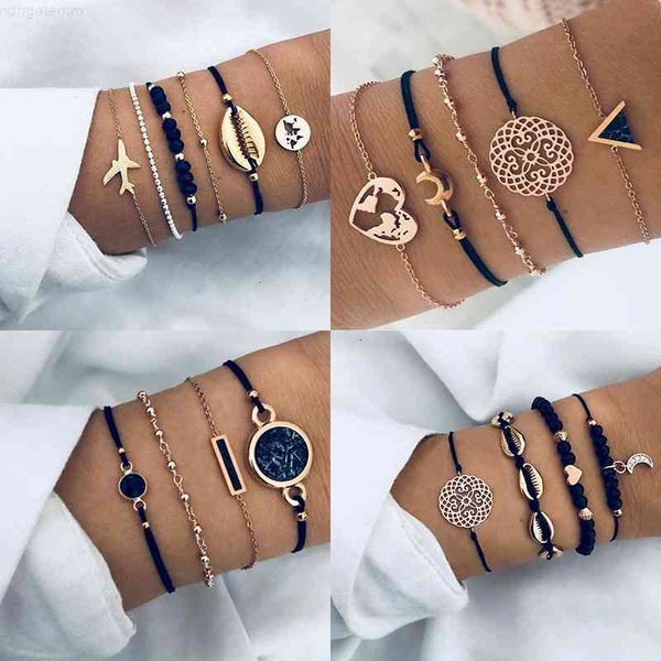 

nieuwe bohemian zwart touw ketting armband set voor vrouwen vliegtuigen shell maan hart crystal charm bangle boho sieraden, Red;brown