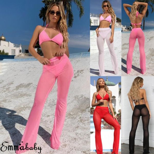 

women's pants & capris 2021 women mesh sheer wide leg high waisted trousers for womens see through long pant loose bottom, Black;white