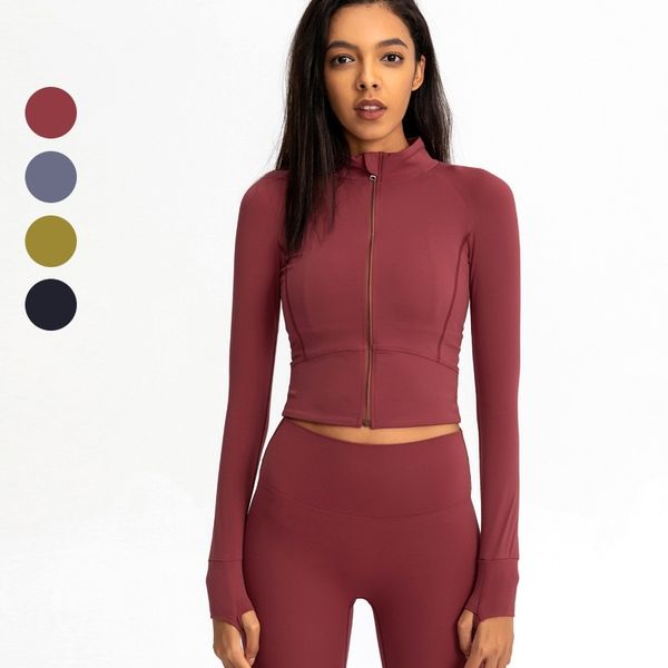 

2021 autumn and winter new elastic slim lulu yoga clothes stand collar windproof warm zipper leisure sports coat women, Black;brown