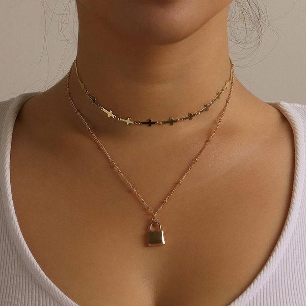 

pendant necklaces vintage punk multilayer gold silver color cross lock choker chain necklace for women wedding party fashion jewelry gift