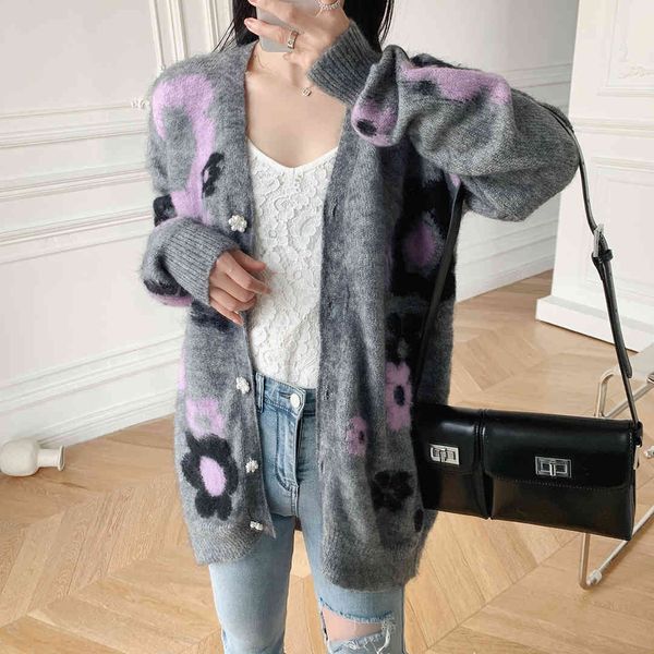 

lazy wind mohair knitted cardigan women's new color blocking flower v-neck diamond buckle loose off shoulder coat in autumn and winter, White
