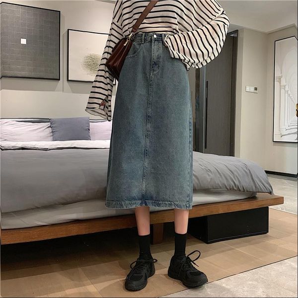 

denim high waist women skirt a line jeans summer autumn long, Black