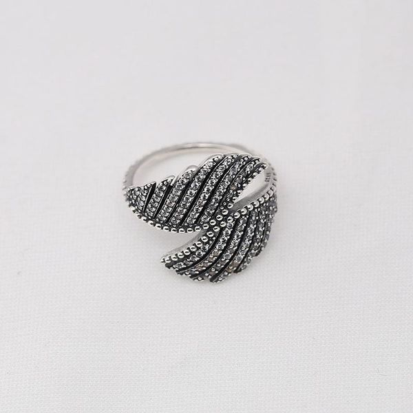 

cluster rings genuine 925 sterling silver feathers shape cz ring compatible with european jewelry, Golden;silver