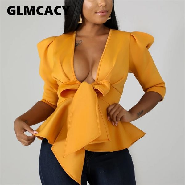 

women scuba bowtie peplum blouse shirts half sleeve v neck elegant office ladies workwear streetwear 210730, White