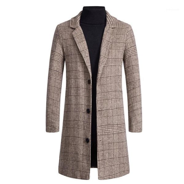 

men's jackets casual plaid print coat single breasted solid business trench turn-down collar long woollen overcoat outwear, Black;brown