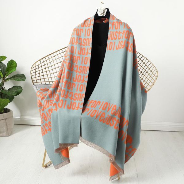 

winter 2021 korean extended thickened tassel women's scarf windproof fashion imitation cashmere shawl large letter printed scarves, Blue;gray