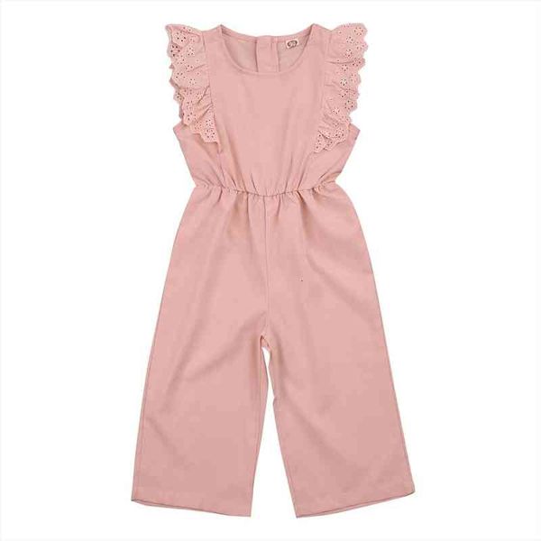 

3 7years summer girls jumpsuit toddlers sweet style solid color lace edge fly sleeve round collar siamese trousers, Blue
