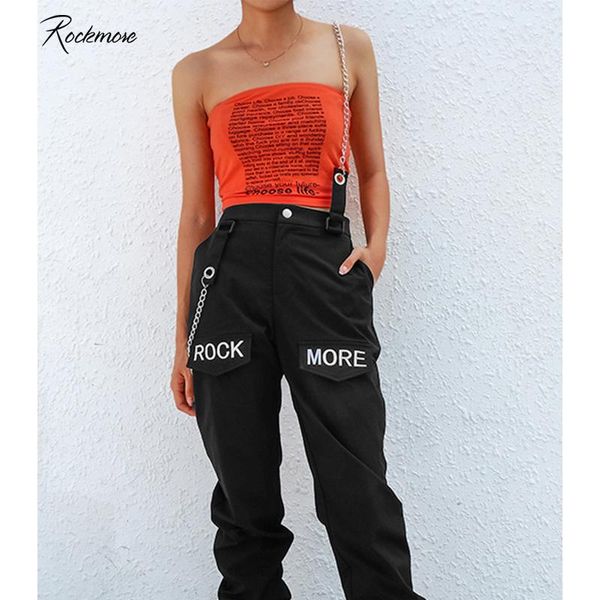 

women's pants & capris rockmore black gothic korea style cargo with chain pocket women high waist trousers wide leg femme pant winter f, Black;white