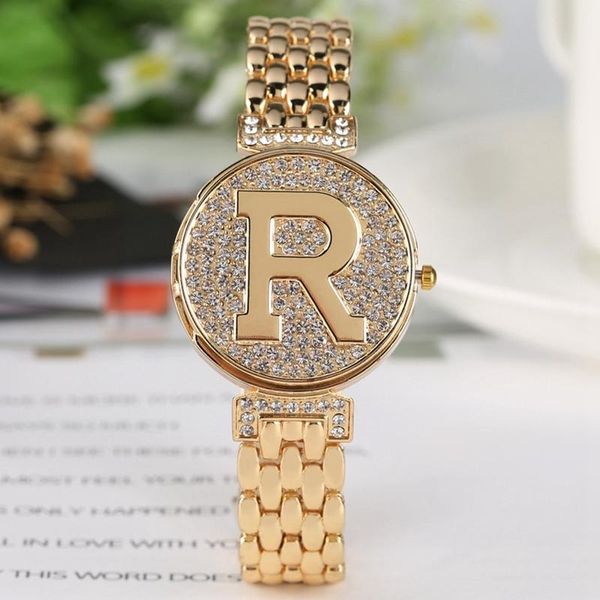 

letter r crystal diamond unique flip cover quartz watch fashion bling casual ladies bracelet golden feminino relogio wristwatches, Slivery;brown