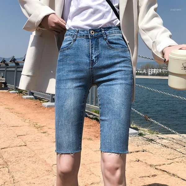

women's jeans denim shorts black high waist was thin female 2021 riding casual tight five points stretch, Blue