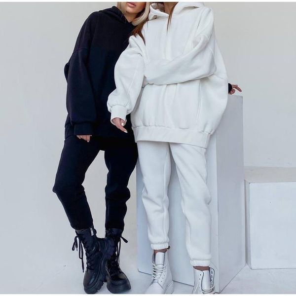 

women's two piece pants tracksuit fleece hooded set oversized hoodies jogger sets female 2021 autumn casual lady sportswear suit, White