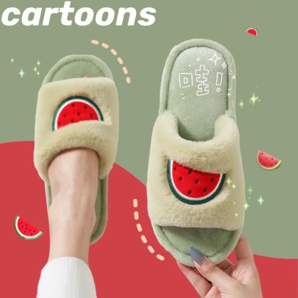 

winter fur house women slippers cute cartoon fruit avocado strawberry bedroom couples shoes warm plush ladies furry slides, Black