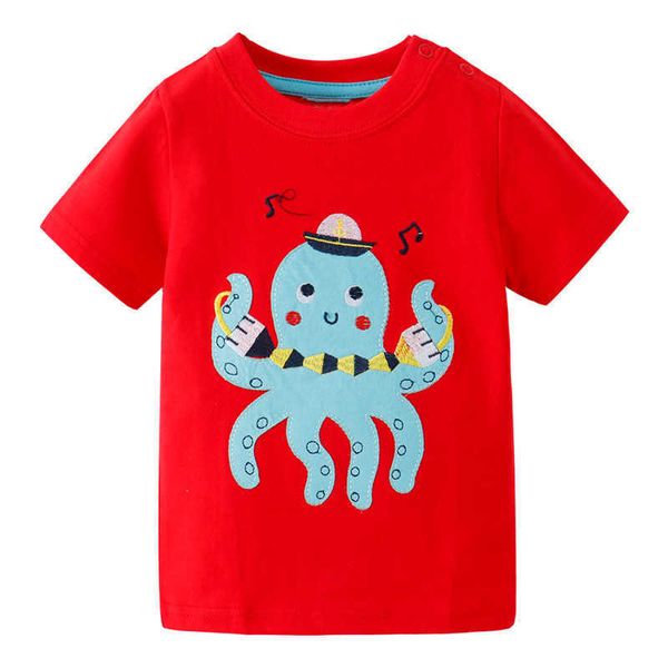 Salto Metri Estate Rosso Ragazzi Ragazze T-shirt Cotone Animali Ricamo Carino Polpo T-shirt per bambini Top Camicie per bambini 210529