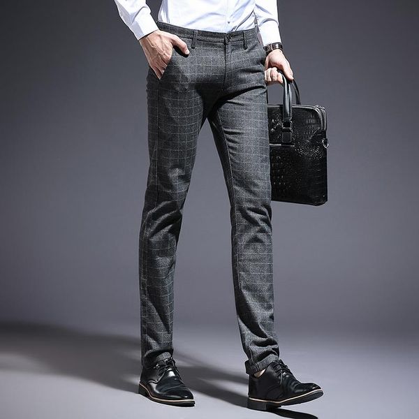 

men's pants suit spring and summer models plaid stretch slim feet british style casual cotton, Black