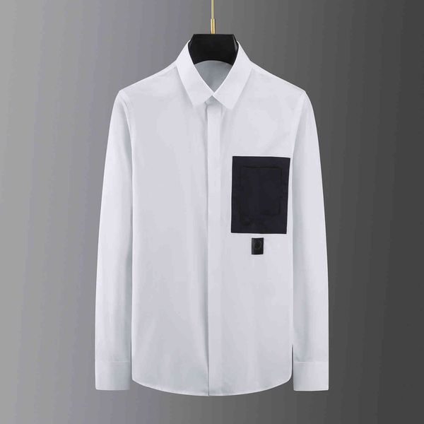 

business shirt deluxe and fashion brand black and white pocket stitching decorative leather label men's long sleeve, White;black