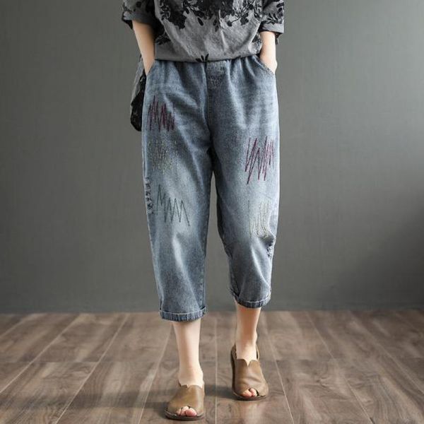 

johnature autumn retro embroidery hole elastic waist calf-length pants loose leisure fashion all-match women harem pant 210521, Black;white