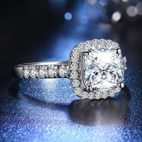 

engagement rings 18k white gold plated 3ct zircon cushion halo diamond ring for women sterling silver jewelry, Slivery;golden