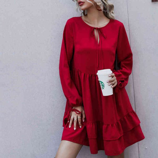

loose red casual dress women autumn winter ruffle short dress lace up front o neck elegant ladies long sleeve dress 210415, Black;gray