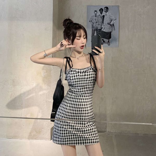 

party dresses suspender women 2021 french color contrast plaid summer skirt slim dress fashion 77nu, White;black