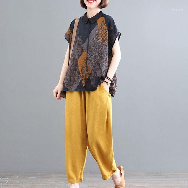 

women's tracksuits cotton suit summer loose large retro printing leisure fashion two piece set, Gray