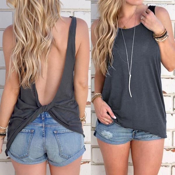 

arrival summer women sleeveless backless shirt knotted tank blouse vest open back veste femme women's blouses & shirts, White