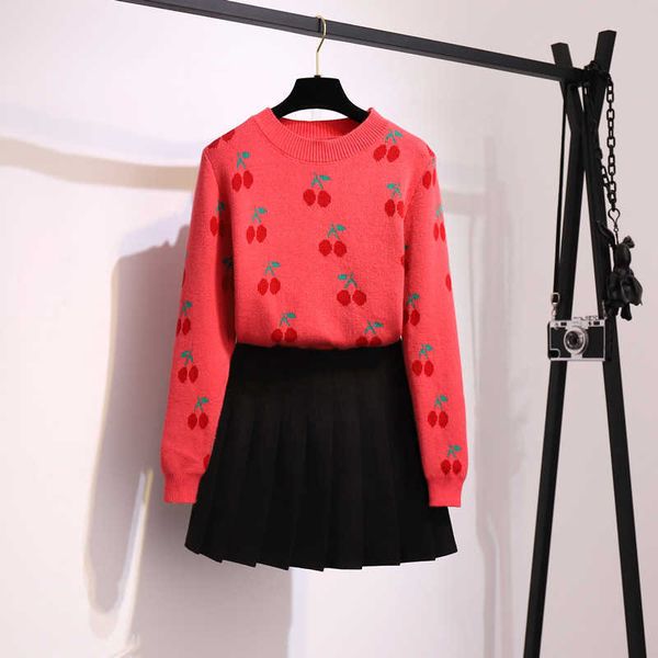 

verhellen women clothing 2 piece sets autumn women's cherry print knitted sweater + pleated skirt for women two piece set 210706, White