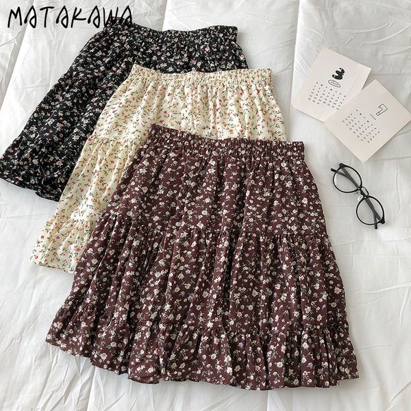

matakawa retro print floral skirts summer korean ruffles above knee, mini skirts sweet elastic waist a-line woman skirt 210513, Black