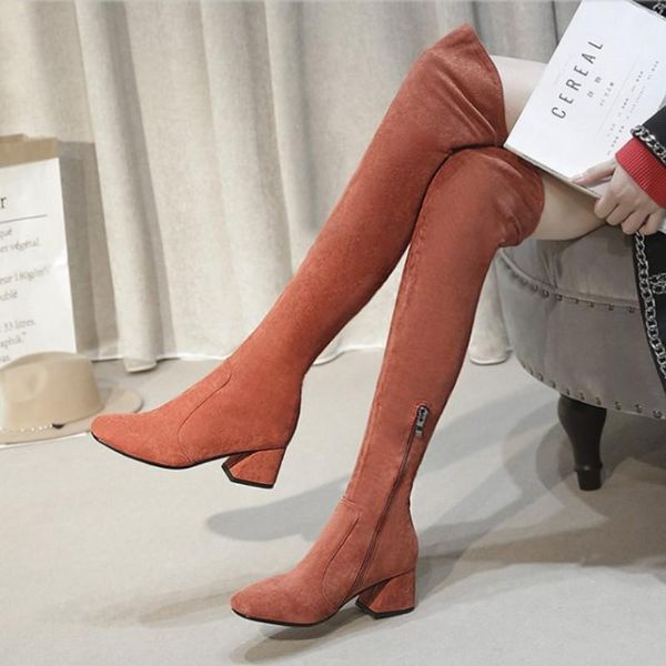 

boots fanyuan size 34-43 2021 women autumn winter over the knee round toe flock leather thigh high, Black